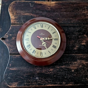 Vintage Junghans Quartz Wooden Wall Clock, Dark Wood and Gold Detailed Roman Numerals Round Clock