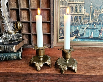 Pair Vintage Ornate Solid Bronze Candlesticks, Decorative French Floral Candle Holders