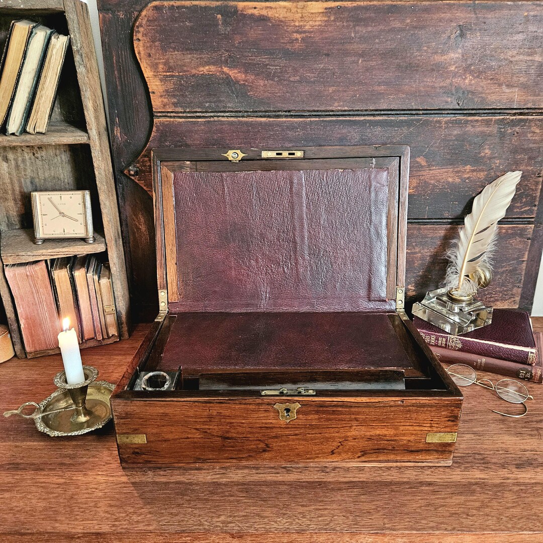 Antique Wooden Writing Box With Decorative Brass Detail - Etsy Australia