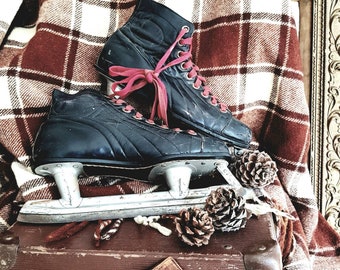 Vintage Canadian Ice Hockey Skates, Black with Red Laces