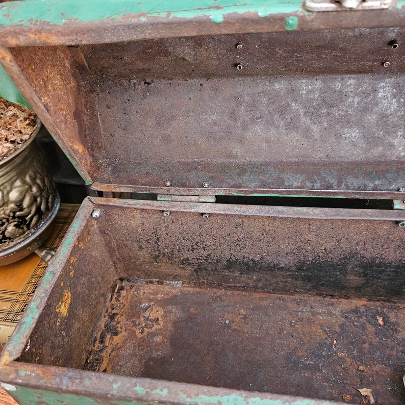 Vintage Industrial Toolbox, Rustic Storage Box, Old Green Toolbox image 7