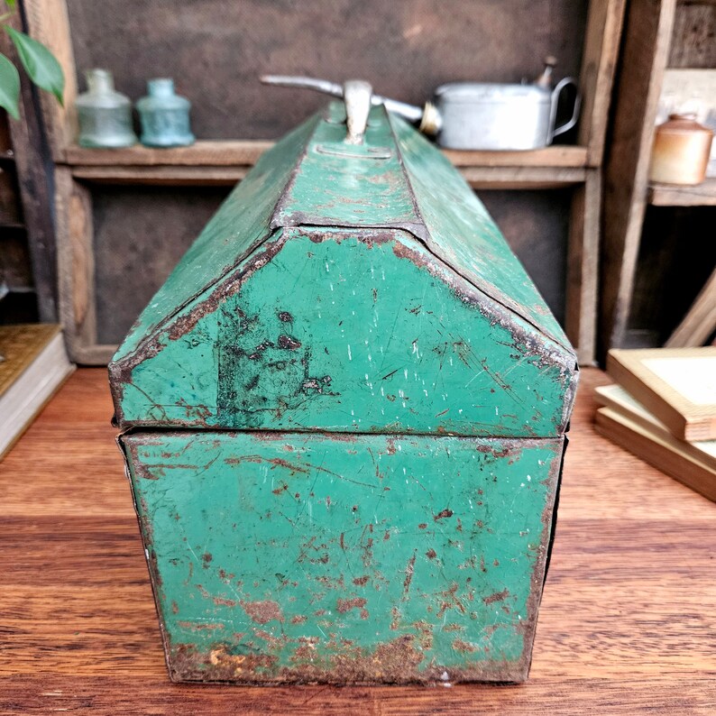 Vintage Industrial Toolbox, Rustic Storage Box, Old Green Toolbox image 5