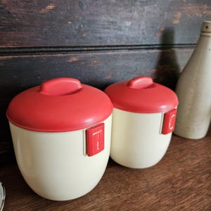 Pair Art Deco 1930s Kitchen Canisters, Red Country Kitchen, Duprite Tea and Coffee Canisters, Retro Kitchenware