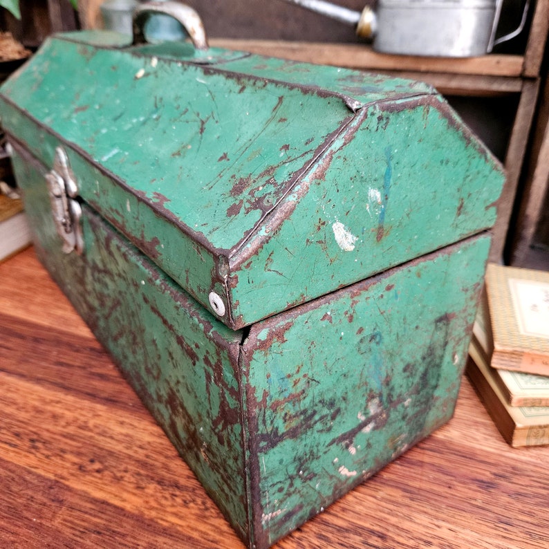 Vintage Industrial Toolbox, Rustic Storage Box, Old Green Toolbox image 6