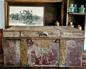 Antique Steamer Trunk, Industrial Metal Case, Rustic Storage Box, Sailors Trunk