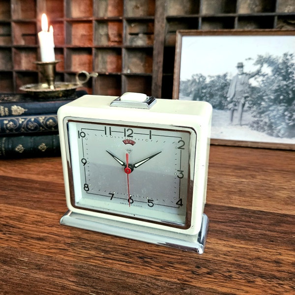Vintage Mid-Century Square Alarm Clock, Cream and Silver, Made in Shanghai China