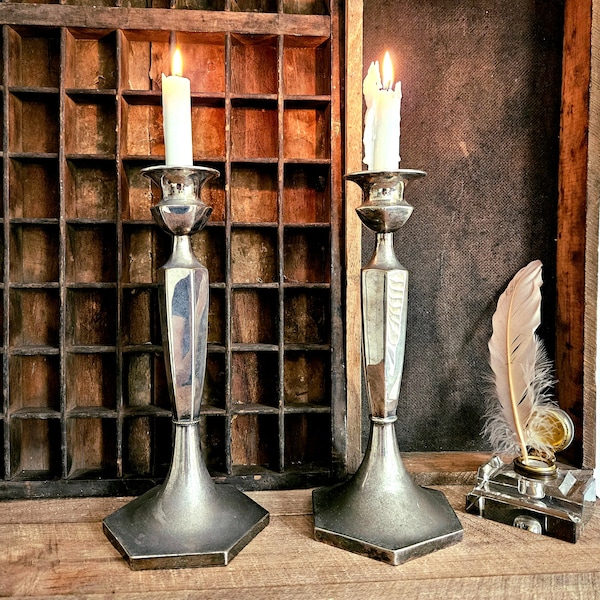 Pair Art Deco Vintage Silver Candlesticks, Decorative Candle Holders