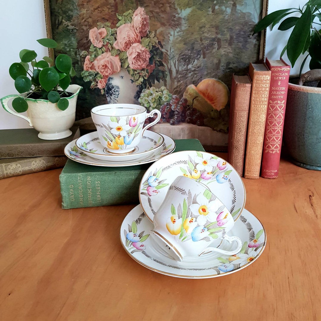 Pair 1930s Hand Painted Tea Sets Floral Cup Saucer Etsy