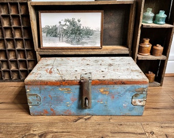 Vintage Industrial Wooden Toolbox, Rustic Storage Box, Old Blue Box