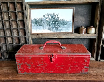 Vintage Industrial Red Toolbox, Rustic Storage Box, Old Toolbox, Garage Mancave Decor