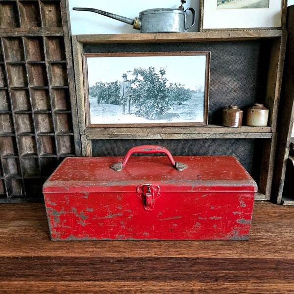 Vintage Industrial Red Toolbox, Rustic Storage Box, Old Toolbox, Garage Mancave Decor