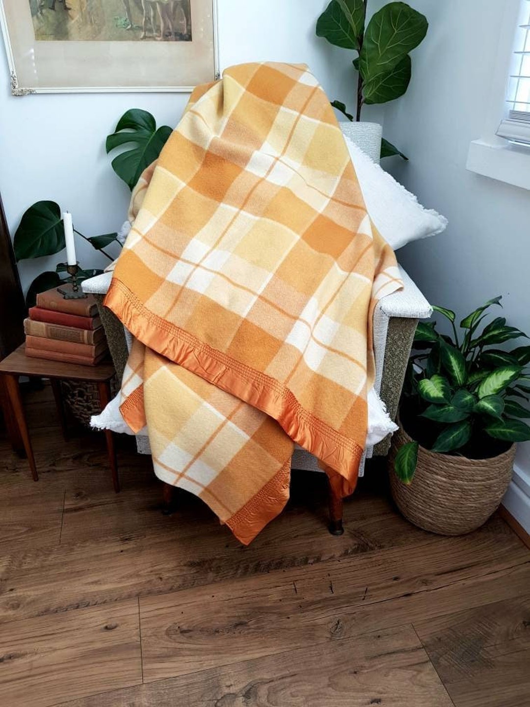 Vintage Pure Wool Blanket Orange Check Onkaparinga Made Etsy