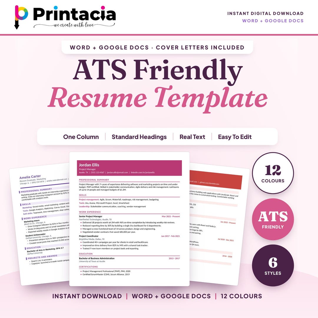 ATS Friendly Resume Template Word, Google Docs, Pages, ATS Resume ...
