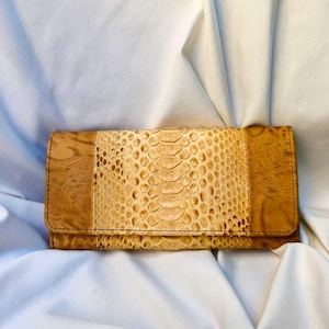 Cartera de mano de piel de pitón hecha a mano, piel de serpiente auténtica, cierre magnético, bolso de piel italiano