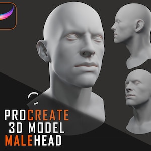 May include: A 3D model of a male head in three different views, rendered in a neutral gray tone. The image includes the Procreate logo and the text "PROCREATE 3D MODEL MALEHEAD".