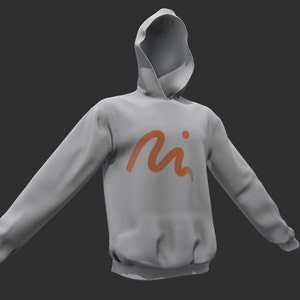 Pu&ograve; includere: Una felpa con cappuccio grigia con un logo arancione brillante che dice "mi" sul davanti.