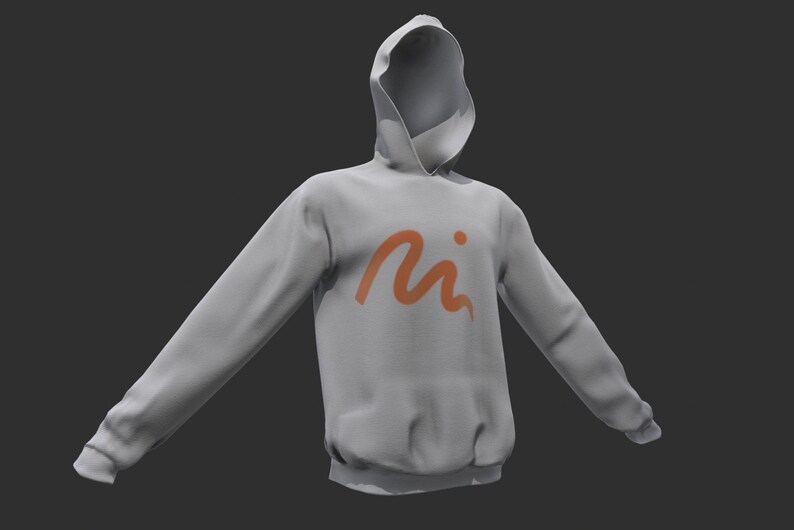 Pu&ograve; includere: Una felpa con cappuccio grigia con un logo arancione brillante che dice "mi" sul davanti.