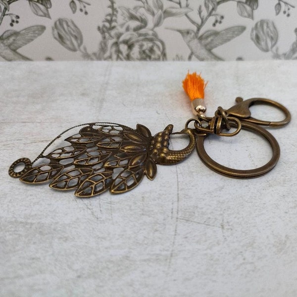 Bronze Peacock Bag Accessories with Orange Tassel Charm, Bronze Bird Themed Key Rings, Key Rings for Peacock lovers
