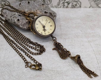 Vintage Antique Bronze Necklace Chain Quartz Pocket Watch, Necklace Pocket Watch with Cat Charm.  Glass Ball Pocket Watches