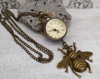 Vintage Antique Bronze Necklace Chain Quartz Pocket Watch, Necklace Pocket Watch with Bee Charm.  Glass Ball Pocket Watches