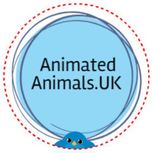 May include: A round sticker with the text "Animated Animals.UK" in black, inside a light blue circle, with a dotted red circle around it. A small blue bird graphic is at the bottom of the circle.