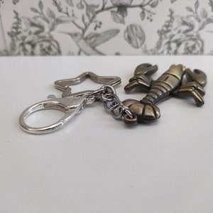 May include: A lobster-shaped keychain charm in antique brass finish. The lobster is attached to a silver-colored clasp and a star-shaped ring. The background is a white surface with a floral pattern.