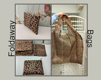 Foldable Eco-Friendly Leopard Print Nylon Grocery Bag, Reusable Waterproof Shopping Tote with Pouch and Bag Handle, Animal Themed Tote Bag