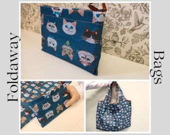 Foldable Eco-Friendly Blue Nylon Grocery Bag, Reusable Waterproof Shopping Tote Bags with Pouch and Bag Handle, Cat face Print