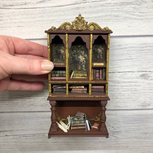 Miniature Victorian era bookcase with books 1:12