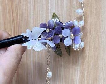 Long Tassels Hair Stick, Floral Purple Slide Hairpins, Retro Flower Hanfu Hair Clam, Bridal Wedding Long Hair Jewelry, Wooden Hairpin