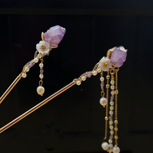 Rainingonisteria Amethyst Hair Stick, Pearls Purple Hairpins, Long Tassel Chinese Hair Stick, Flower Hanfu Crystal Hair Comb, Cheongsam Hair Sticks