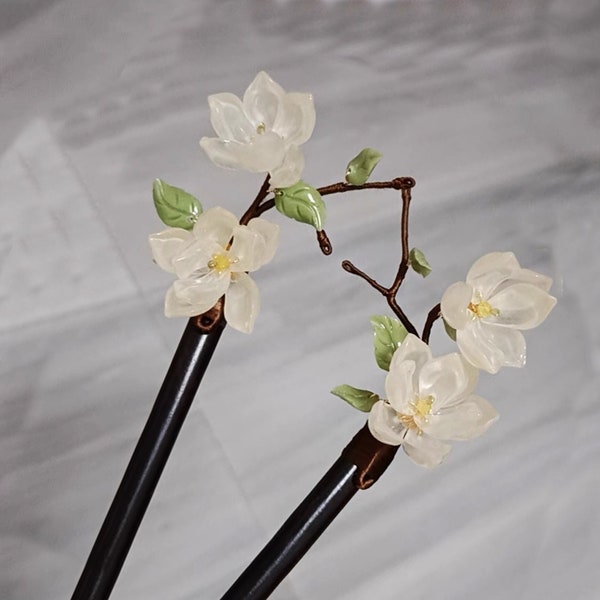 White Magnolia Hair Stick, Chinese Flower Hairpins, Bridal  Hanfu Hair Fork, Vintage Hair Comb, Hiar Stick, Long Hair Accessories