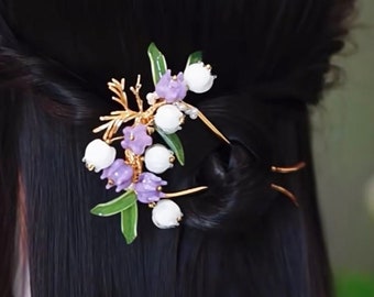 Purple Lily of the Valley Hair Stick, Chinese Hairpin, French U Strap Hair Clip, Flower Hanfu Hair Fork, Vintage Hair Comb, Long Hairpin