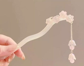 Elegant Jade Hair Stick, Tassel Chinese Hairpins, Vintage Hanfu Hair Fork, Pink Flowers Wedding Hair Jewelry Accessories, Gift for Her