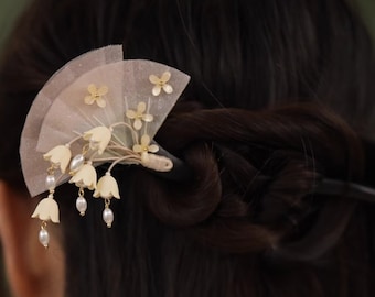 Forchetta per capelli Fan Valley, Forcine cinesi con fiori, Forchetta per capelli Hanfu in legno, Accessori per gioielli per capelli da sposa in Giappone, Regalo di lusso per lei