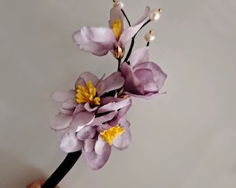 Purple Pearls Hair Stick, Vintage Flower Hairpin, Chinese Hair Fork, Side Hair Comb, Wooden Hair Fork, Cheongsam Accessories