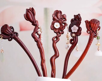 Carved Hair Stick, Wooden Japan Hair Pins, Chinese Tassel Hair Fork, Flowers Hair Accessories, Vintage Hair Jewelry, Gift for Her, Hairpin