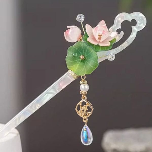 Lotus Jade Hair Stick, Hanfu Tassel Hair Pins, Chinese Hair Fork, Hair Accessories, Vintage Wedding Hair Jewellery, Gift for Her, Hairpin