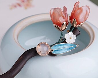 Bâton de cheveux tulipes, fourchette à cheveux fleurs du Japon, épingles à cheveux vintage chinoises Hanfu, accessoires de bijoux pour cheveux rouges, cadeau chic pour elle