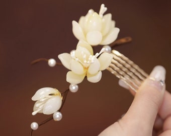 Peigne à cheveux glacé, fourchette à cheveux Hanfu, pièce de tête chinoise, épingles à cheveux à fleurs blanches, accessoires de cheveux de mariage vintage, bijoux de cheveux élégants