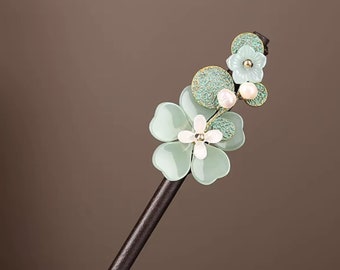Einfache Haarspange, Haarnadeln aus Holz, altes Hanfu Kopfstück, grüne Haargabel, chinesische Hochzeit Haarschmuck, Vintage Haarschmuck