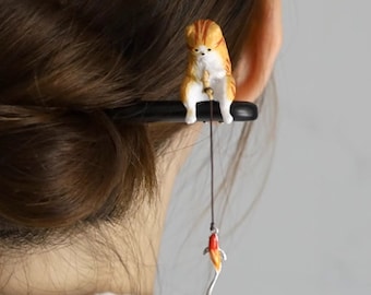 Cat Fish Wood Hair Stick, Japan Haarspelden, Kawaii Haarvork, Vintage Haaraccessoires, Kwast Bruiloft Haarsieraden, Oude Haarspeld