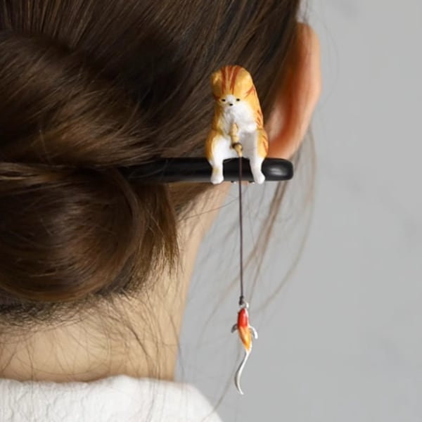 Palo de pelo de madera de pez gato, alfileres de pelo de Japón, horquilla de pelo Kawaii, accesorios para el cabello vintage, joyería para el cabello de boda con borlas, horquilla antigua