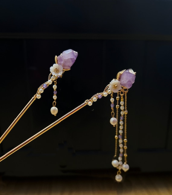 Amethyst Hair Stick, Pearls Purple Hairpins, Long Tassel Chinese