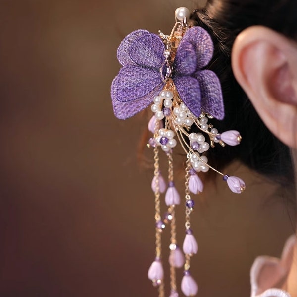 Purple Butterfly Hair Clip, Valley Tassel Chinese Hair Stick, Dream Side Hairpins, Vintage Hair Accessories, Hanfu Hair Clip Hair Stick