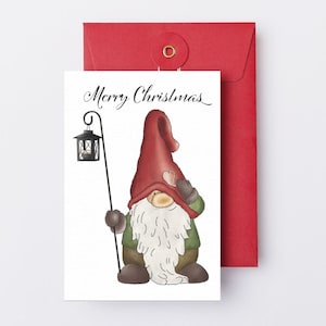 Tarjeta navideña A6 de gnomo con farolillo: tarjeta de felicitación en acuarela pintada a mano, tarjeta navideña sostenible, papel natural.
