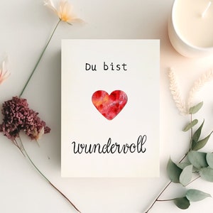 Klappkarte Du bist wundervoll Affirmationskarte Aquarellkarte Muttertag Herz Liebe Grußkarte handgemalt A6 Naturpapier Geburtstagskarte