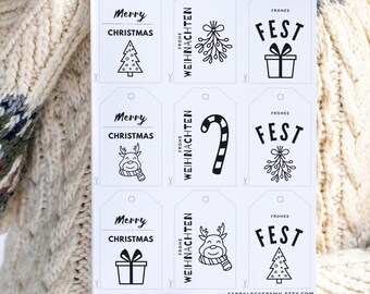 Weihnachten Geschenkanhänger schwarz-weiß – 9 Printable Tags PDF JPG, 5 Motive & 3 Texte, Sofortdownload DIY Druckdatei