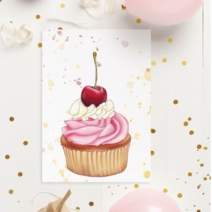 Autocollant de carte postale A6 "Cherry Cupcake" comme carte de fête des mères, carte d'anniversaire ou décoration de la maison