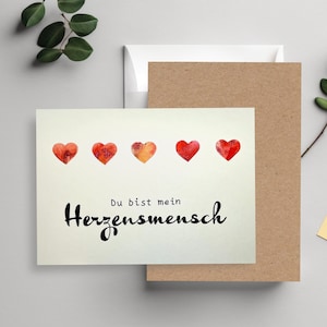 Klappkarte Herzensmensch Karte Lieblingsmensch Muttertag Aquarellkarte Herz Liebe Grußkarte handgemalt A6 Naturpapier